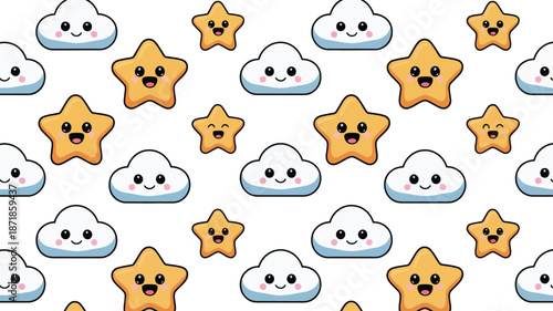 Smiling cartoon clouds and stars on white background
