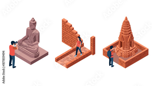 People exploring historical ruins with ancient sculptures and architecture in isometric design