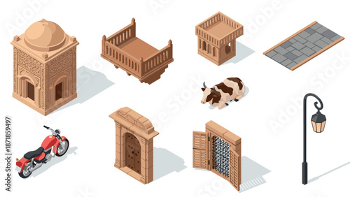 Isometric cultural icons collection featuring architecture, transportation, and animal