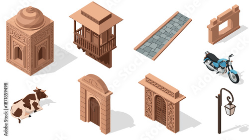 Isometric traditional elements and motorcycle with detailed architecture and design