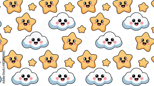 Whimsical smiling cartoon stars and clouds pattern