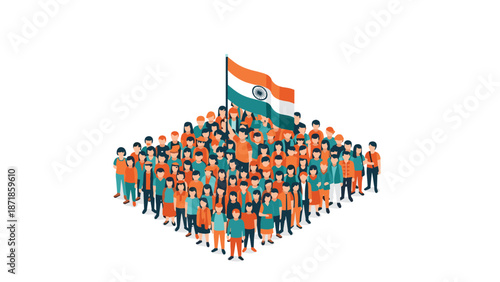Diverse group of people with indian flag in isometric style celebrating unity
