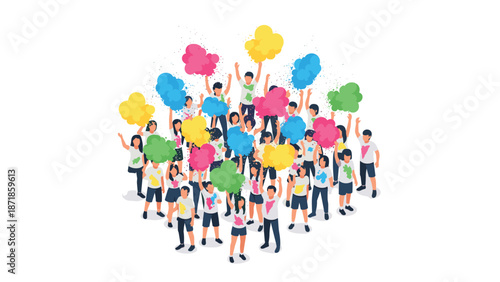 Diverse group celebration with colorful paint cloud in isometric style