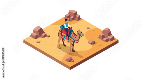 Isometric desert scene with camel rider and rocks on sandy terrain