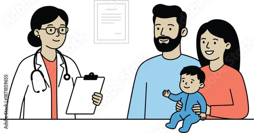 Doctor consulting parents with baby, pediatric healthcare checkup, family medical appointment, child vaccination visit, friendly physician advice, modern flat illustration style
