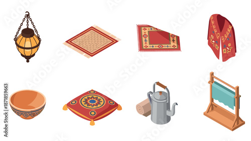 Traditional middle eastern cultural items set in isometric style