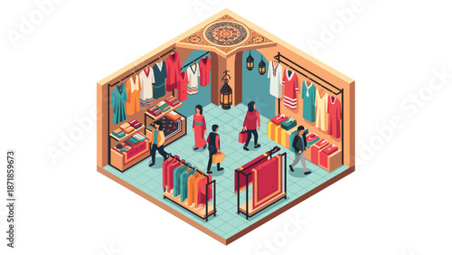 Isometric shopping mall scene with fashion store and customers in vibrant colors
