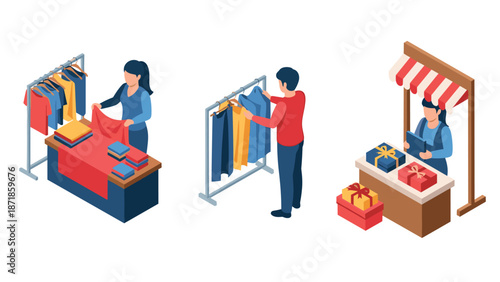 Isometric shopping scene with people preparing gifts and choosing clothes