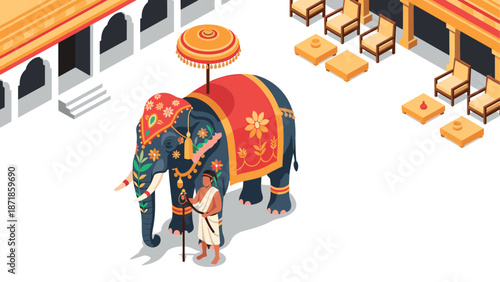 Isometric indian elephant with traditional decorations in courtyard setting