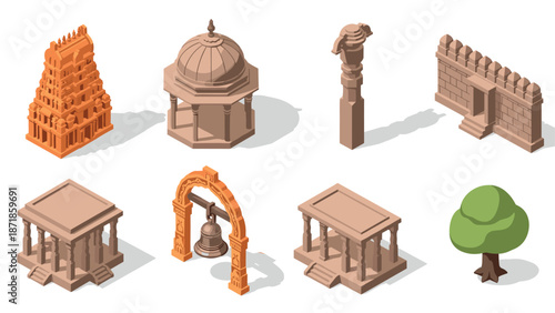 Isometric ancient indian architecture set: temples, structures, and elements