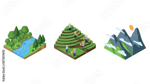 Isometric nature scenes with river valley, terraced farm, mountain peaks