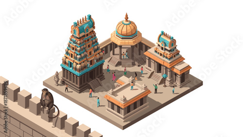 Isometric ancient temple complex with colorful architecture and visitors