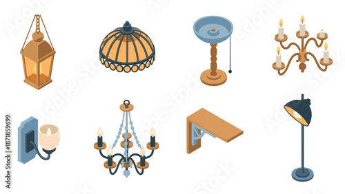Isometric collection of vintage and modern lighting fixtures and lamps