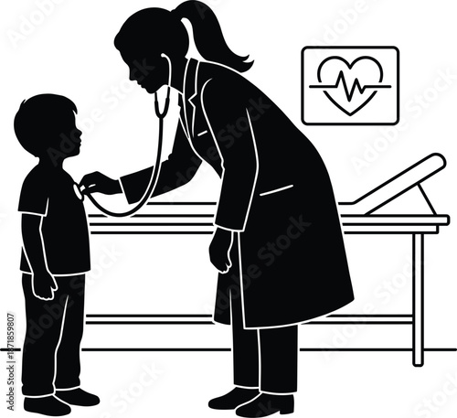 Female doctor examining young child with stethoscope in medical clinic pediatric healthcare checkup illustration silhouette hospital interior professional physician patient care diagnosis 