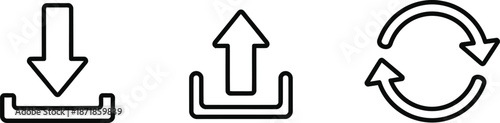 Three black and white icons representing download upload and refresh actions