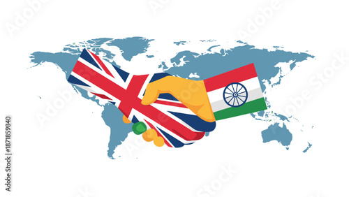 Global partnership: uk and india handshake over world map