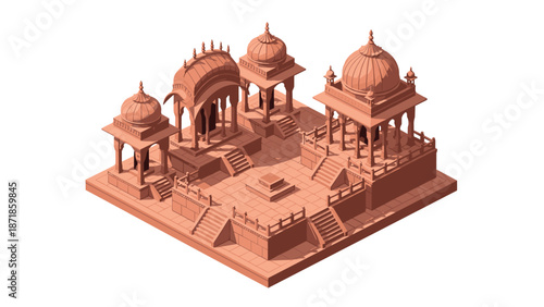 Isometric ancient temple with traditional architectural details in warm tones