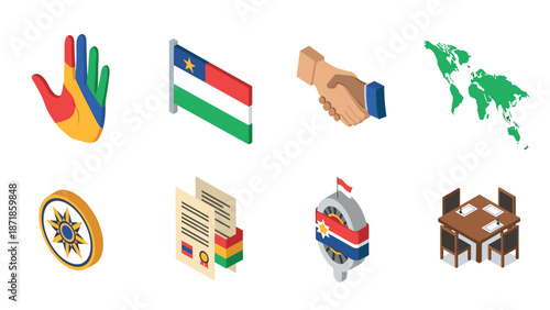Isometric national symbols and business icons set featuring hands and world map