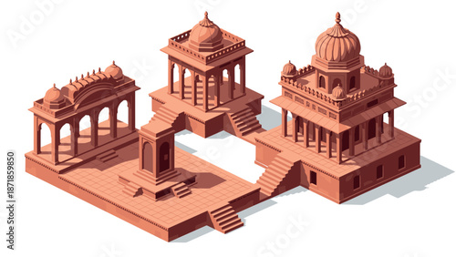 Isometric ancient indian architecture with ornate domes and stairs