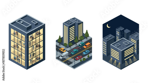 Isometric urban nightscape: modern buildings and busy street intersection