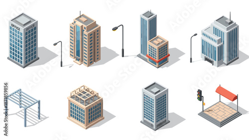 Isometric urban buildings and structures with street furniture and elements