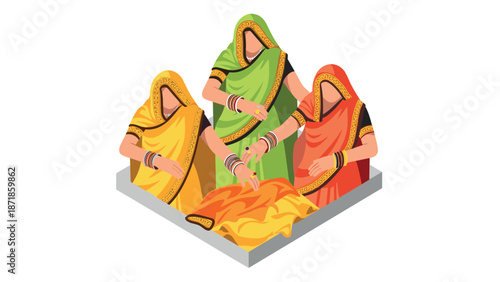 Women in colorful traditional indian attire engaged in cultural activity