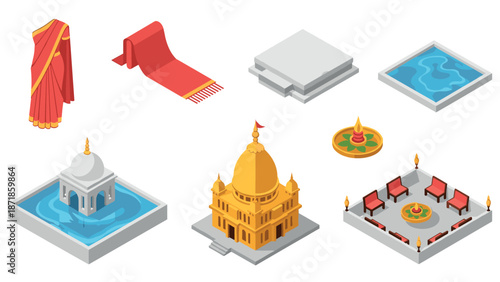 Isometric indian culture icons: temples, sari, rangoli, and traditional elements