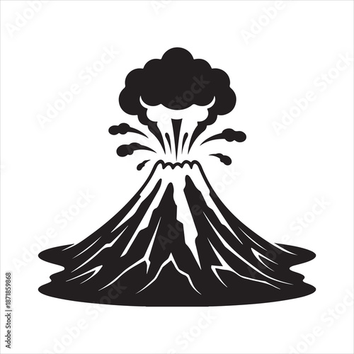 Erupting volcano silhouette, Black and white erupting volcano mountain vector illustration design