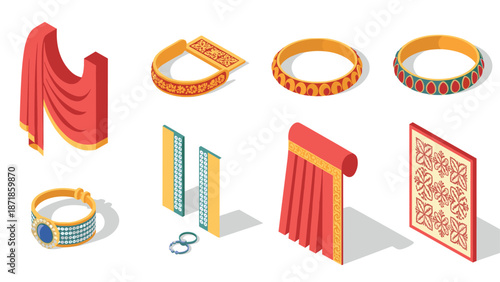 Isometric antique jewelry and drapery elements with ornamental patterns
