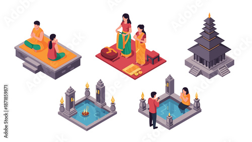Traditional balinese culture in isometric style featuring temples and ceremonial scenes