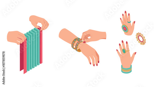 Elegant jewelry adorning hands with bangles and rings in isometric style