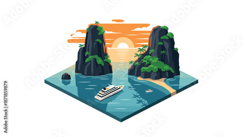 Tropical island sunrise with cruise ship and dramatic cliffs in flat design