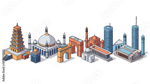 Iconic global landmarks in modern isometric style