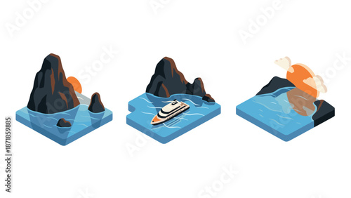 Isometric island scenes: cruise, sunset, and mountains in minimal flat style