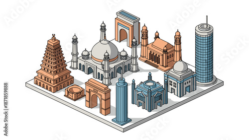 Isometric landmark collection: diverse architectural icons on interactive display