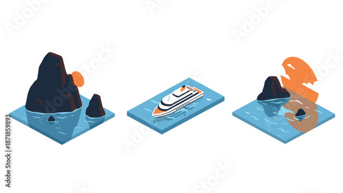 Isometric yacht and rocky islands with sunset scene