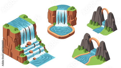 Scenic isometric waterfalls set with streams and rocks