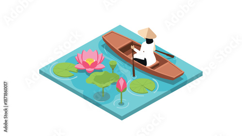 Isometric scene of traditional boat on lotus pond