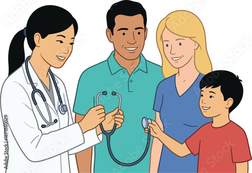 Friendly pediatric doctor showing stethoscope to happy family parents and child, healthcare consultation illustration, medical checkup concept, family health, clinic visit, flat vector style