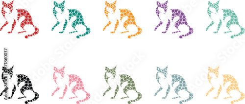 Dot art cat pairs in various colors, Mosaic feline couple silhouettes