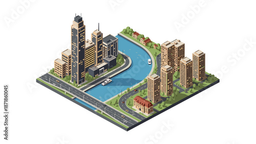 Isometric cityscape with river, bridge, and modern buildings