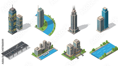 Modern cityscape with isometric buildings, roads, and rivers