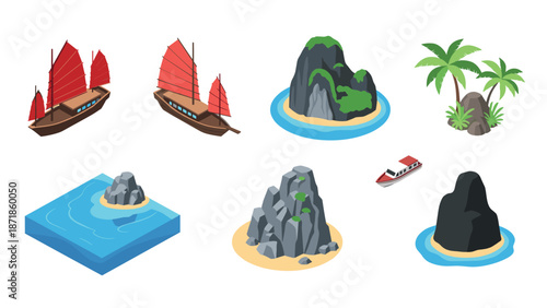 Isometric asian seascape with boats, rocks, and palm trees in tropical setting