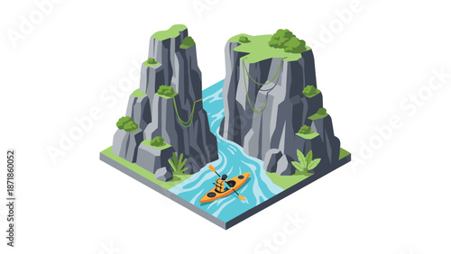 Isometric kayaking adventure through rocky canyon with flowing river and lush greenery