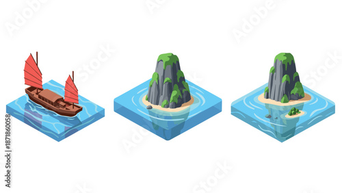 Isometric tropical island with traditional boat and scenic landscape