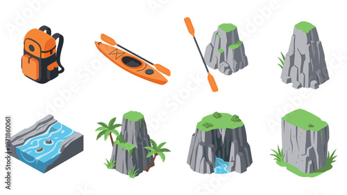 Isometric camping adventure: kayak, backpack, rocky terrain elements