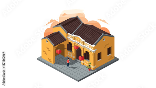 Isometric traditional asian house with red lanterns and tiled roof