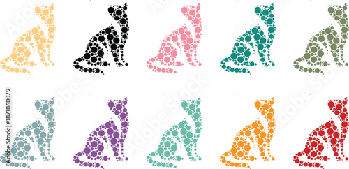 Single cat silhouettes made of dots, Colorful mosaic feline icons