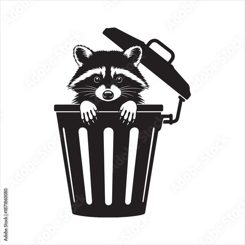 Raccoon hiding in trash can silhouette icon, Raccoon peeking out of trash can silhouette vector art
