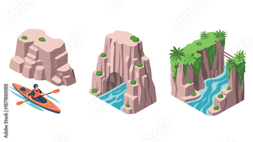 Adventure in nature: kayaking and scenic landscapes with rocks and waterfalls